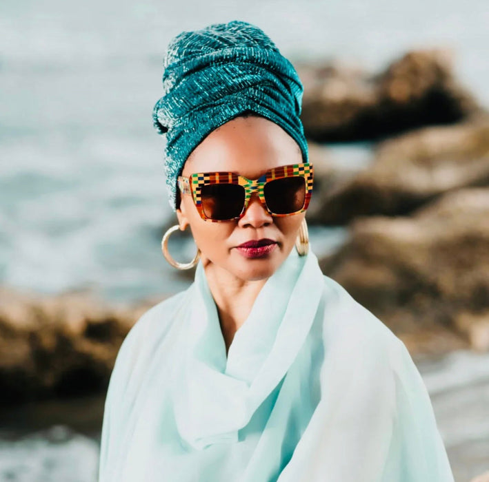 Multicolor kente oversized acetate sunglasses with wide nose bridge fit low nose bridge fit and High cheek bones fit