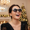 Black and white subtle cat eye sunglasses for wide nose bridge low nose bridge and high cheek bones 