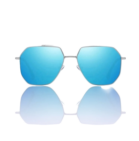 Metallic blue lens reflector aviator sunglasses for wide nose bridge high nose bridge and low cheek bones 