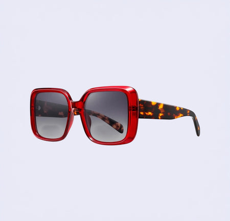 Red frame tortoise shell handles oversized acetate sunglasses with Medium nose bridge fit High nose bridge fit and High cheek bones fit