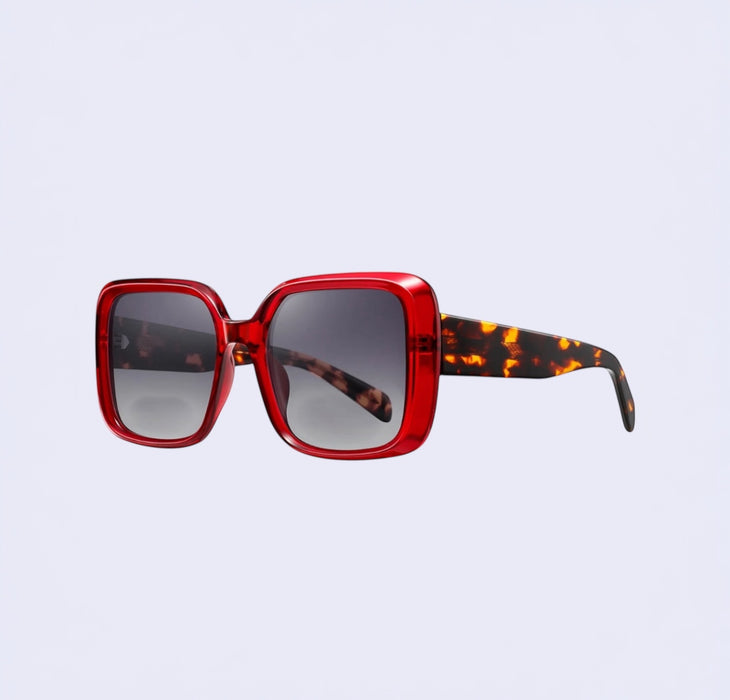 Red frame tortoise shell handles oversized acetate sunglasses with Medium nose bridge fit High nose bridge fit and High cheek bones fit