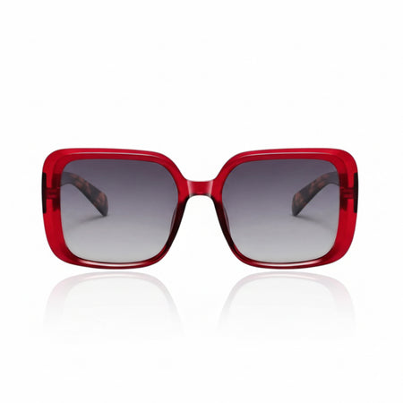 Red frame tortoise shell handles oversized acetate sunglasses with Medium nose bridge fit High nose bridge fit and High cheek bones fit