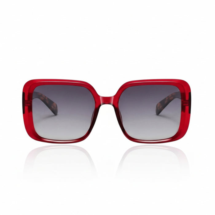 Red frame tortoise shell handles oversized acetate sunglasses with Medium nose bridge fit High nose bridge fit and High cheek bones fit