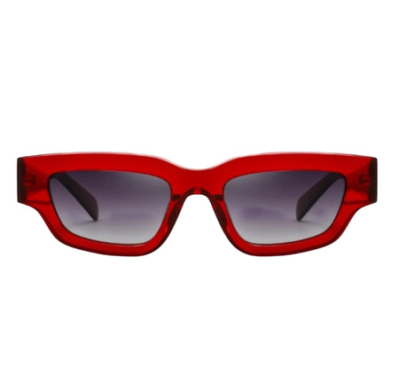 Red acetate elongated cat eye sunglasses for wide nose bridge and high cheek bones 