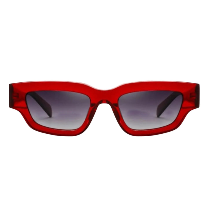 Red acetate elongated cat eye sunglasses for wide nose bridge and high cheek bones 