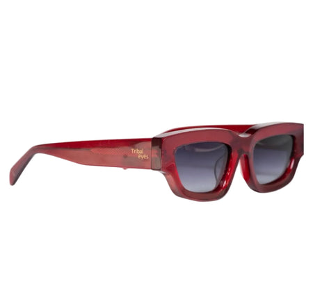 Red acetate elongated cat eye sunglasses for wide nose bridge and high cheek bones 