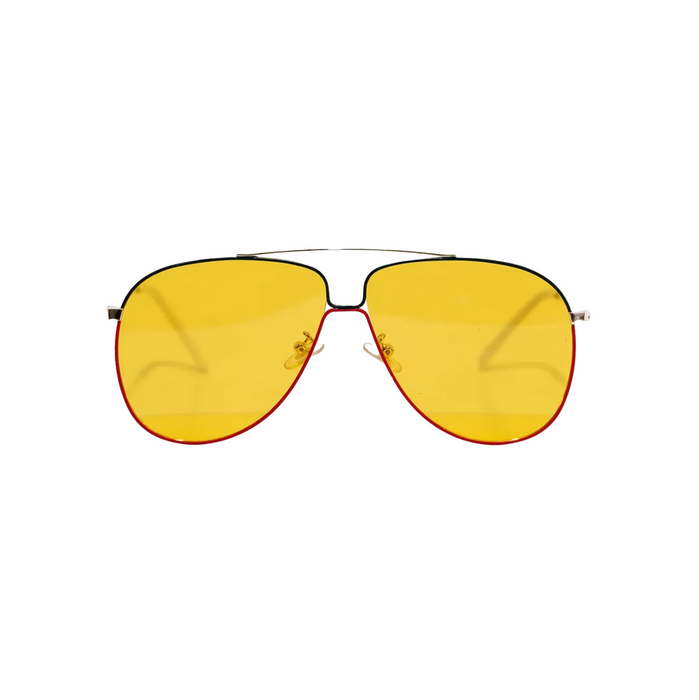 Metallic yellow lens reflector aviator sunglasses for wide nose bridge high nose bridge and low cheek bones 