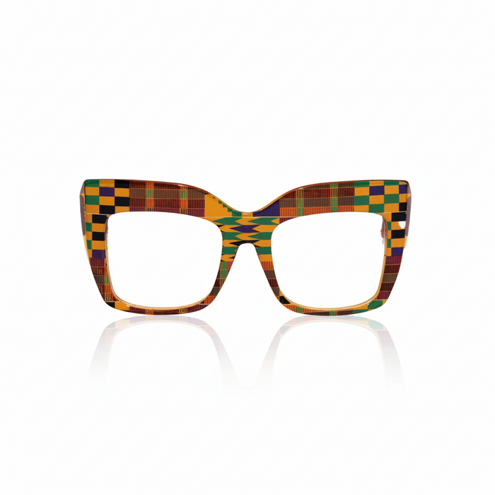 Multicolor kente oversized acetate eyeglasses with Multicolor kente oversized acetate sunglasses with wide nose bridge fit low nose bridge fit and High cheek bones fit