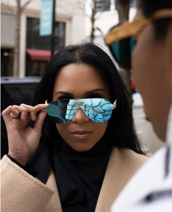 Blue polycarbonate lens reflector aviator sunglasses for wide nose bridge low nose bridge and low cheek bones 